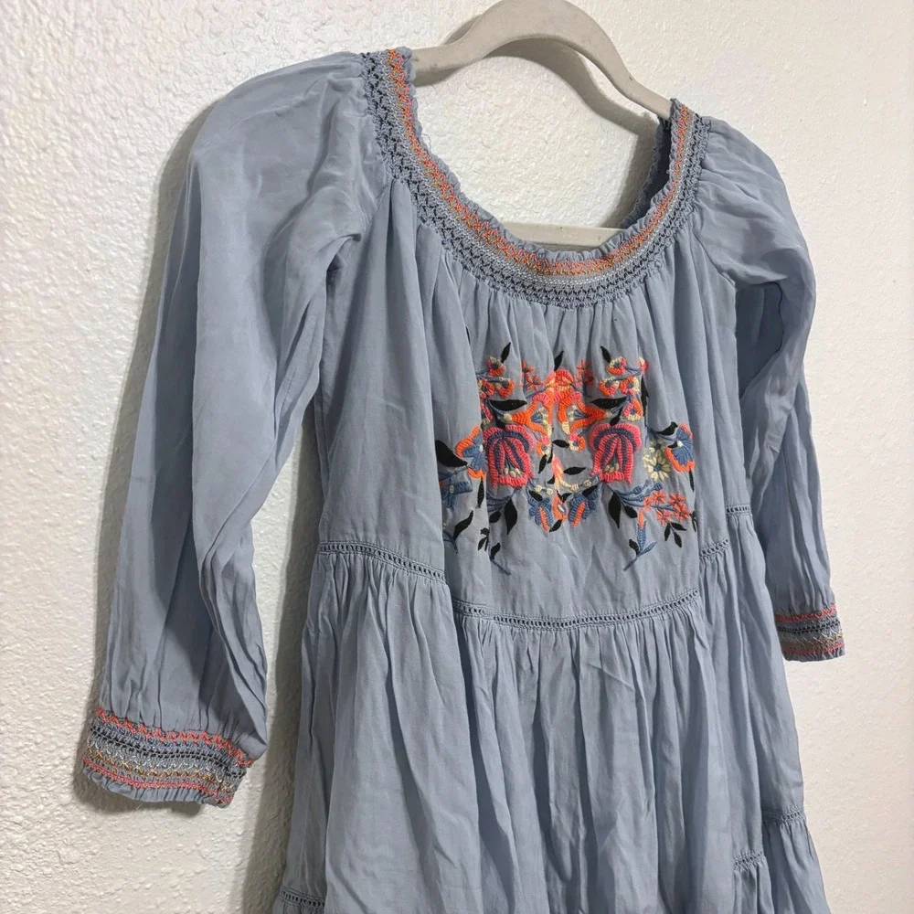 Free People Mini Dress XS Baby Blue Embroidered Off Shoulder Tiered Boho Coastal - Picture 5 of 7